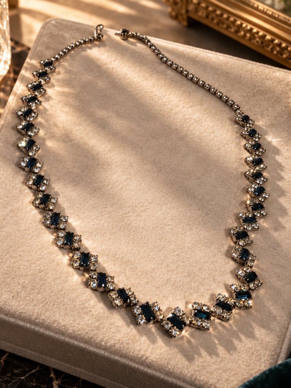 Vintage Sapphire Blue & Clear Rhinestone Choker Necklace | Silver-Tone J-Hook
